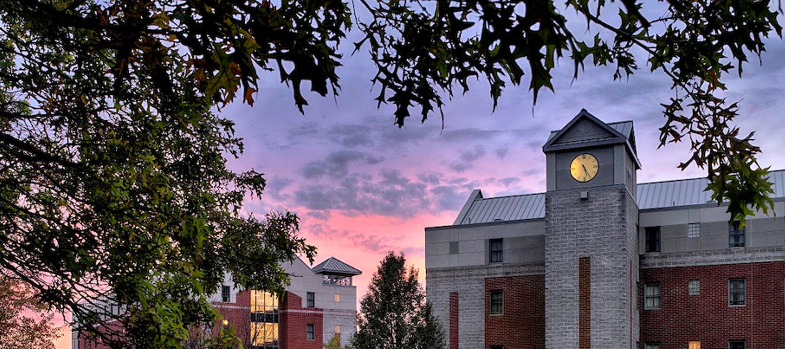 View at dusk of Bell Hall on the Utica College campus.